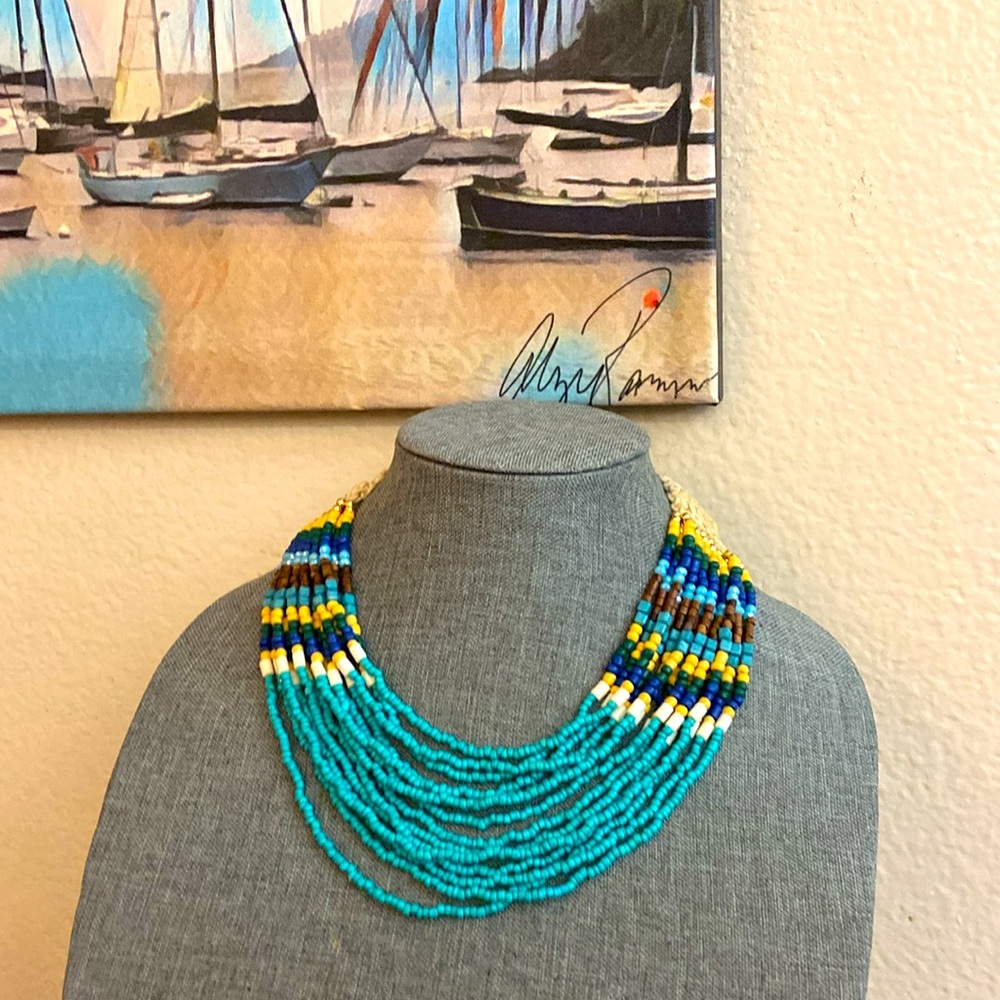 Vintage 90s Artisan 14 Strand Beaded & Macrame Necklace